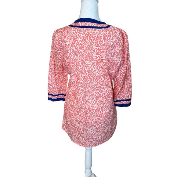 J. Crew Coral Navy Floral Crepe 100%‎ Cotton V-neck 3/4 Sleeve Tunic Medium EUC - Picture 4 of 10